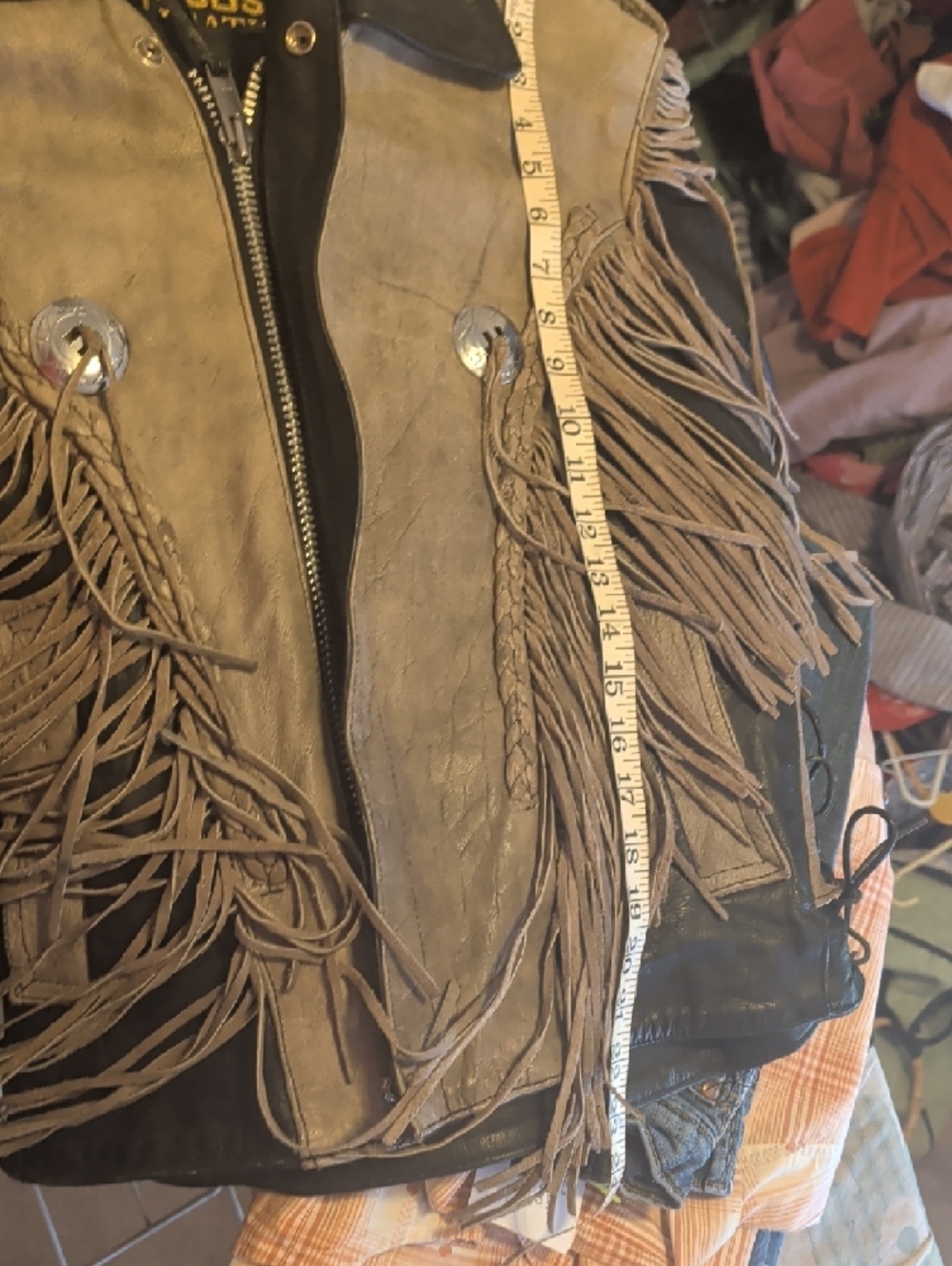 Two-Tone Fringed Leather Moto Jacket in Gray and Black - Picture 4 of 10